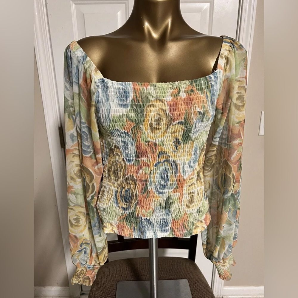 Anthropologie Rouen Top Blouse Size XX Small Off Shoulder Smocked Sleeve Yellow